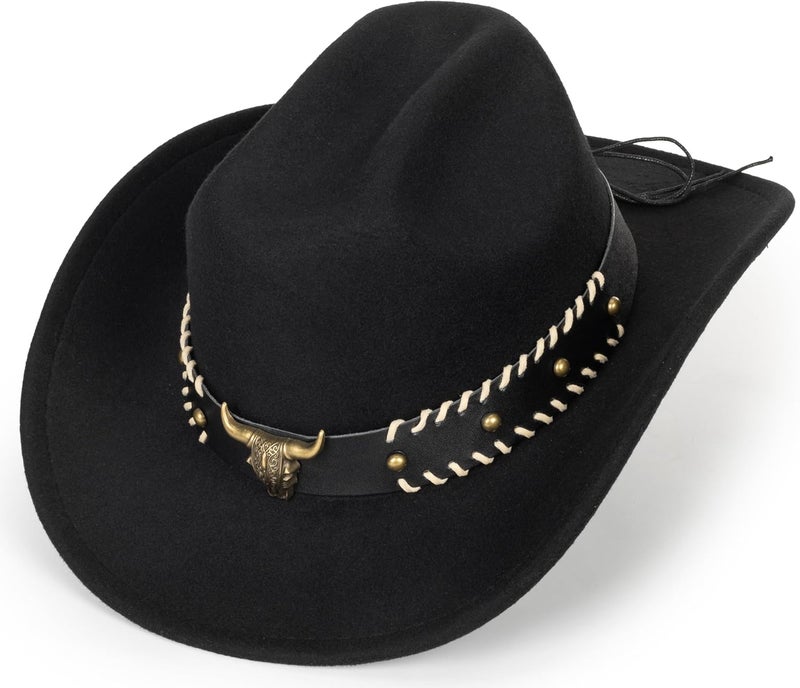 Eohak Womens Western Cowboy Hats Studded Pinched Western Cowgirl Hats Wide Brim Fedoras Hat with Belt Buckle (Size:Medium) - Image 4